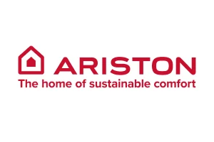 Ariston brand logo with slogan ‘the home of sustainable comfort’.